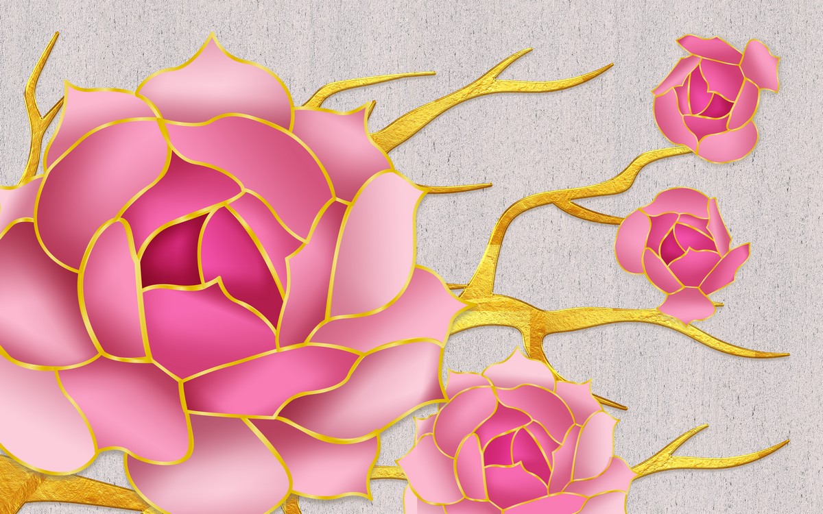 Розовый пион в золотых гранях